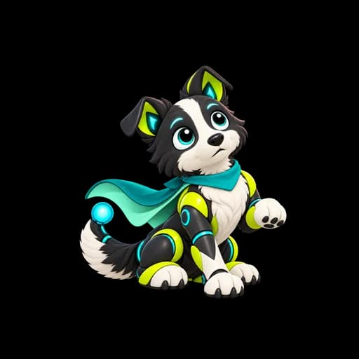 Byte, the SpanDock watchdog, a black-and-white collie in lime robot armour and a teal cape, looking up with one paw raised